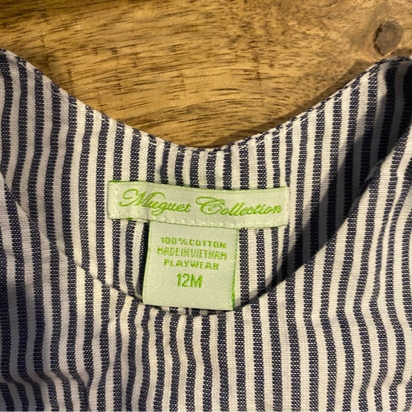 Baby boy 12 month shorts romper. Cute crab print. Blue and white striped. - Picture 3 of 5